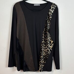 Alembika Womens Leopard Jersey Mixed Media Tunic Top Relaxed Fit SZ 4/L Art Boho